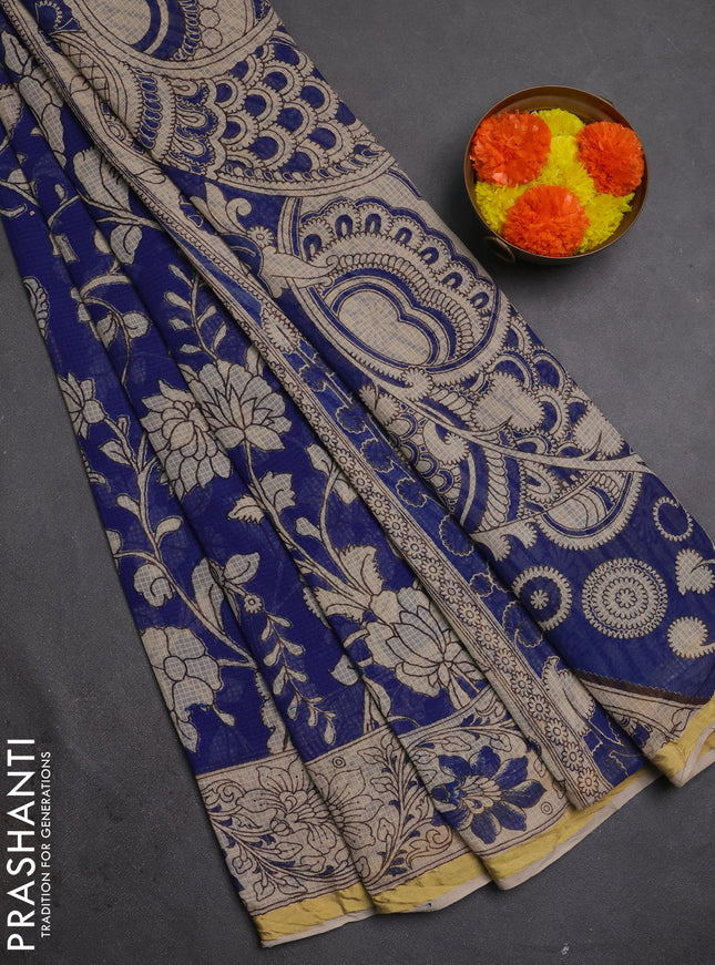 Kota kalamkari cotton saree blue and beige with allover prints and piping border