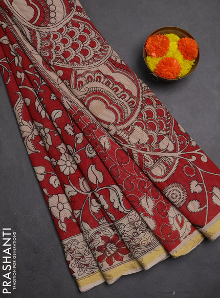 Kota kalamkari cotton saree maroon and beige with allover prints and piping border