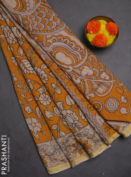 Kota kalamkari cotton saree mustard yellow and beige with allover prints and piping border
