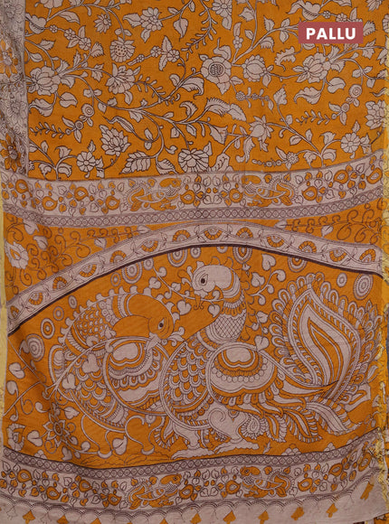 Kota kalamkari cotton saree mustard yellow and beige with allover prints and piping border