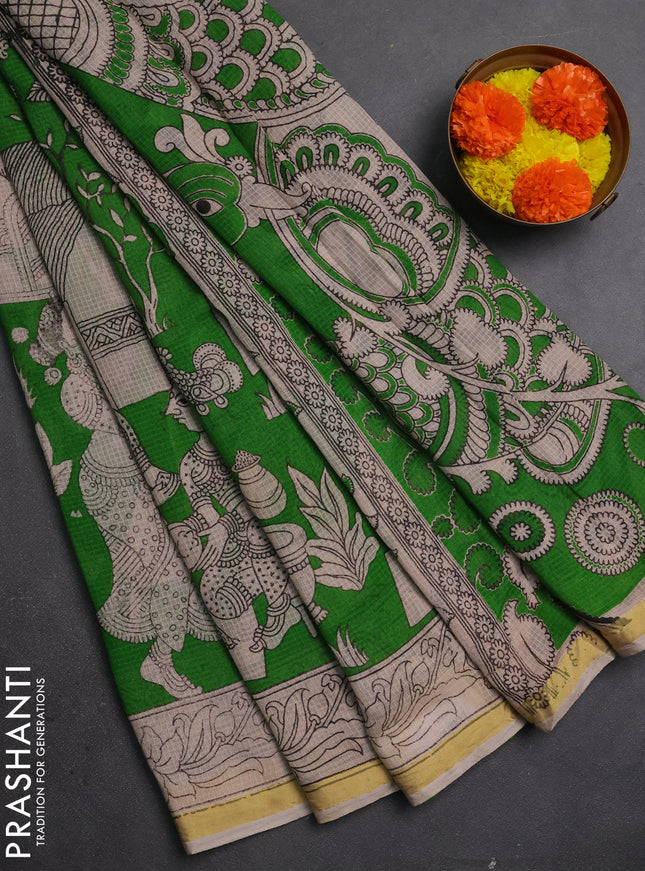 Kota kalamkari cotton saree light green and beige with allover prints and piping border