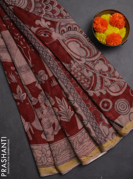 Kota kalamkari cotton saree maroon and beige with allover prints and piping border