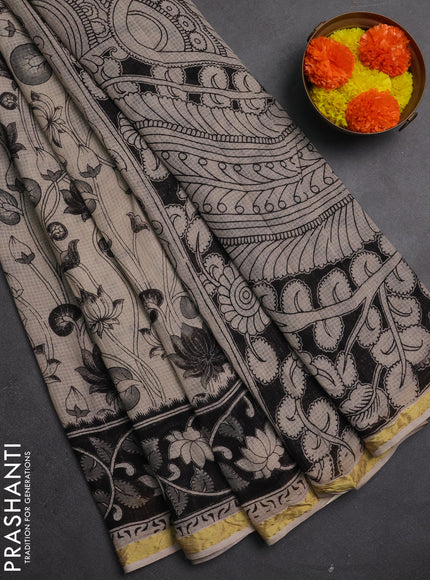 Kota kalamkari cotton saree beige and black with allover prints and piping border