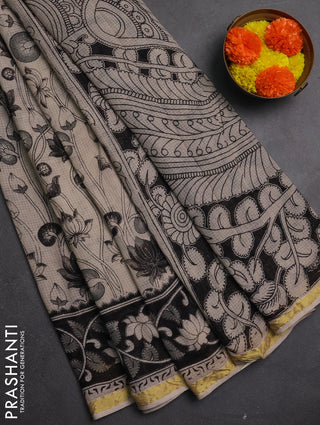 Kota kalamkari cotton saree beige and black with allover prints and piping border