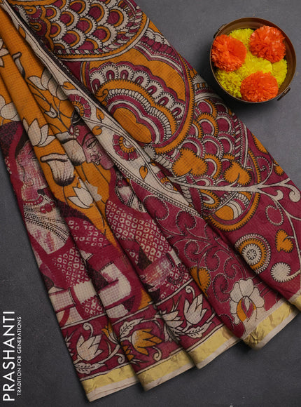 Kota kalamkari cotton saree mustard yellow and pink with allover prints and piping border