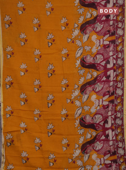Kota kalamkari cotton saree mustard yellow and pink with allover prints and piping border