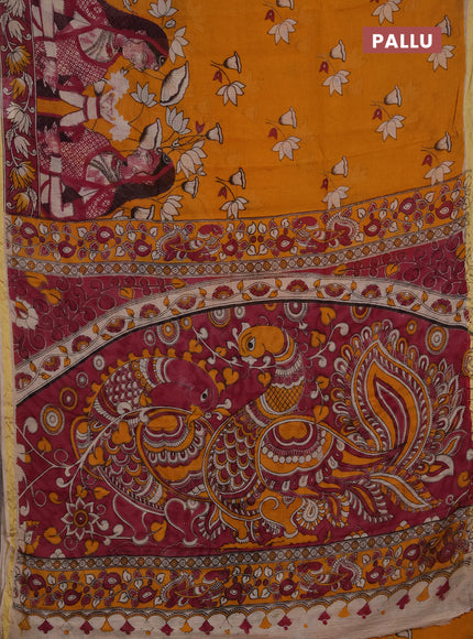 Kota kalamkari cotton saree mustard yellow and pink with allover prints and piping border
