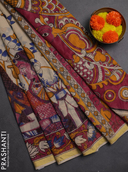 Kota kalamkari cotton saree beige and pink with allover prints and piping border