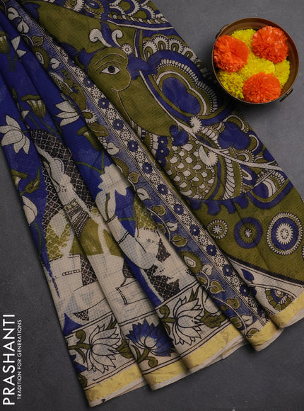 Kota kalamkari cotton saree blue and beige with allover prints and piping border