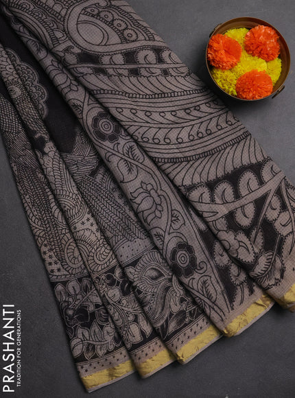 Kota kalamkari cotton saree black and beige with allover prints and piping border