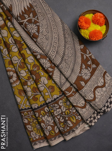 Kota kalamkari cotton saree yellow and dark mustard with allover prints and piping border