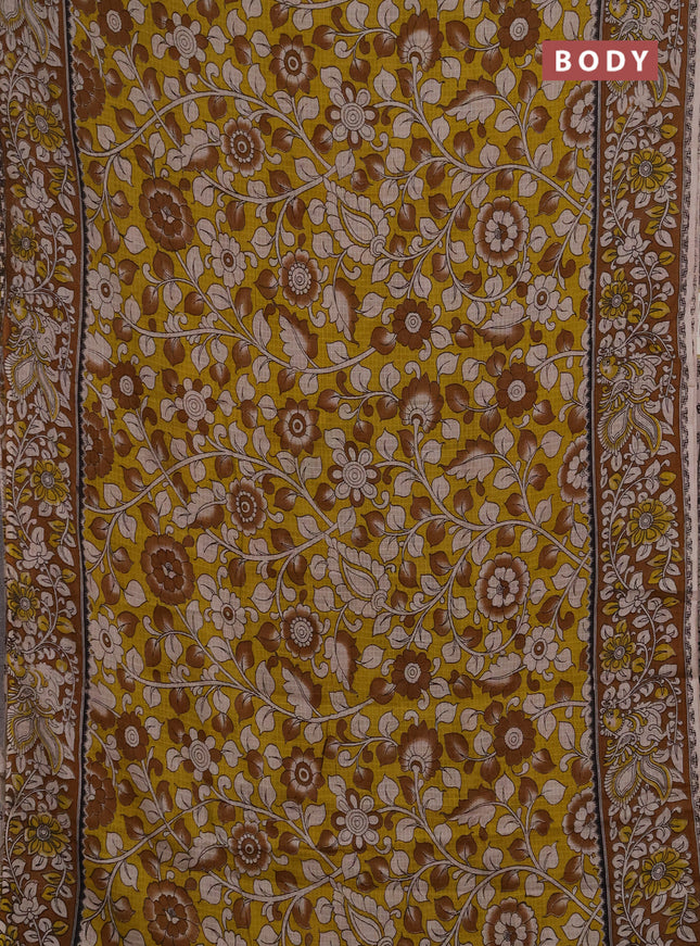 Kota kalamkari cotton saree yellow and dark mustard with allover prints and piping border