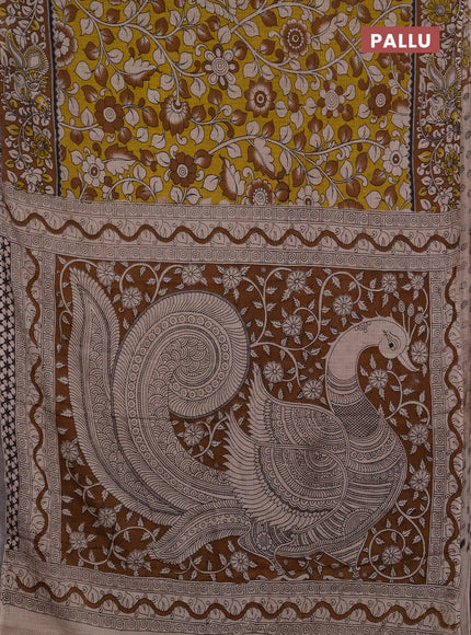 Kota kalamkari cotton saree yellow and dark mustard with allover prints and piping border