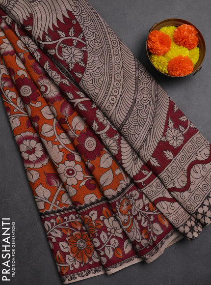 Kota kalamkari cotton saree orange and pink with allover prints and piping border