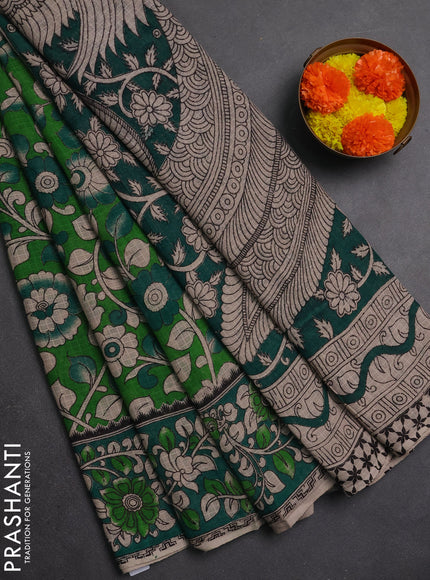 Kota kalamkari cotton saree light green and teal green with allover prints and piping border