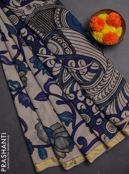 Kota kalamkari cotton saree beige and blue with allover prints and piping border
