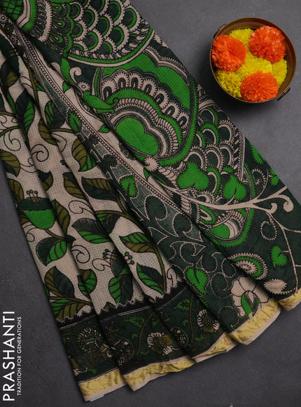 Kota kalamkari cotton saree beige and bottle green with allover prints and piping border