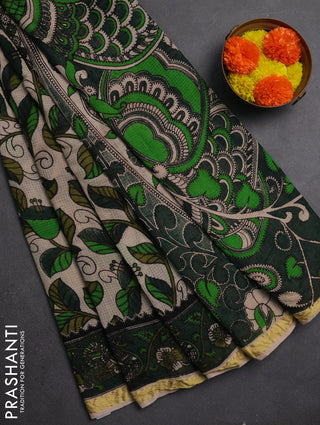 Kota kalamkari cotton saree beige and bottle green with allover prints and piping border