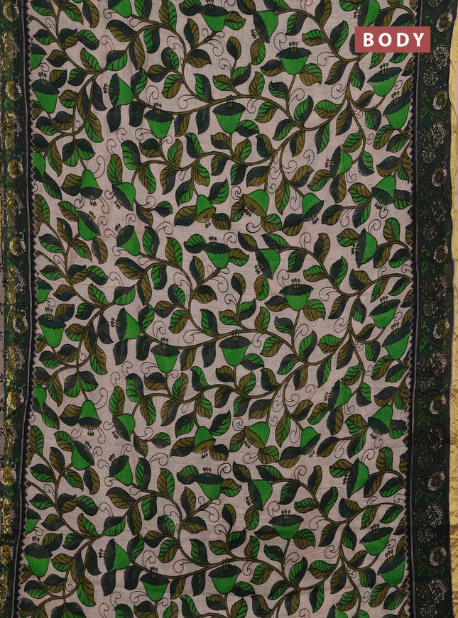 Kota kalamkari cotton saree beige and bottle green with allover prints and piping border