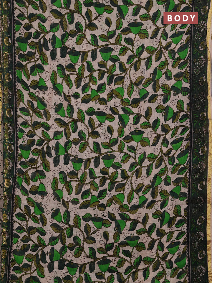 Kota kalamkari cotton saree beige and bottle green with allover prints and piping border