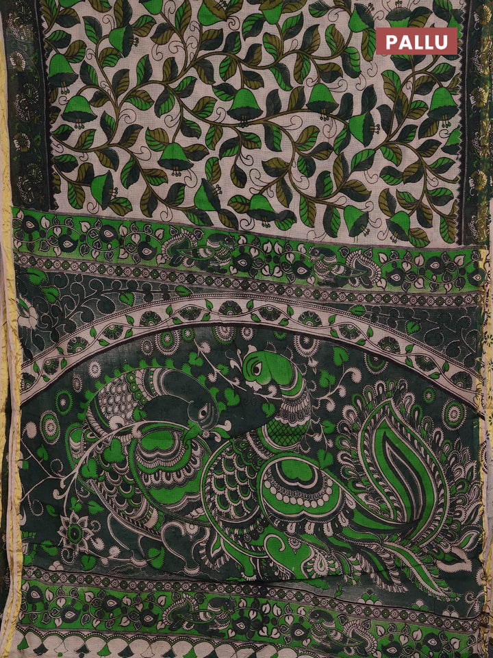 Kota kalamkari cotton saree beige and bottle green with allover prints and piping border