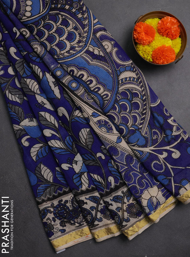 Kota kalamkari cotton saree blue and beige with allover prints and piping border
