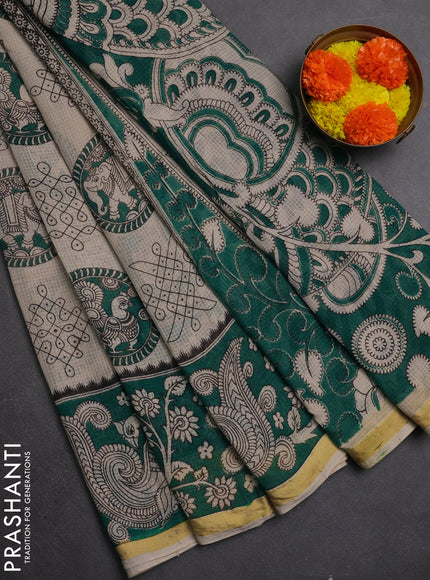 Kota kalamkari cotton saree beige and green with allover prints and piping border