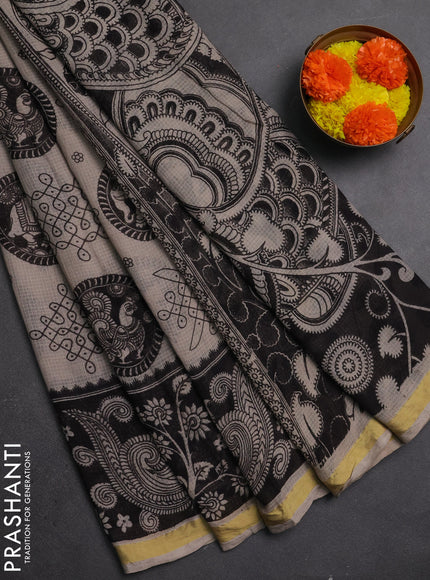 Kota kalamkari cotton saree beige and black with allover prints and piping border