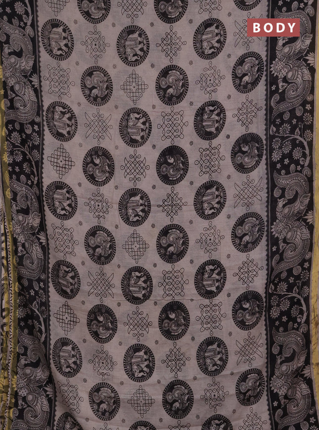 Kota kalamkari cotton saree beige and black with allover prints and piping border