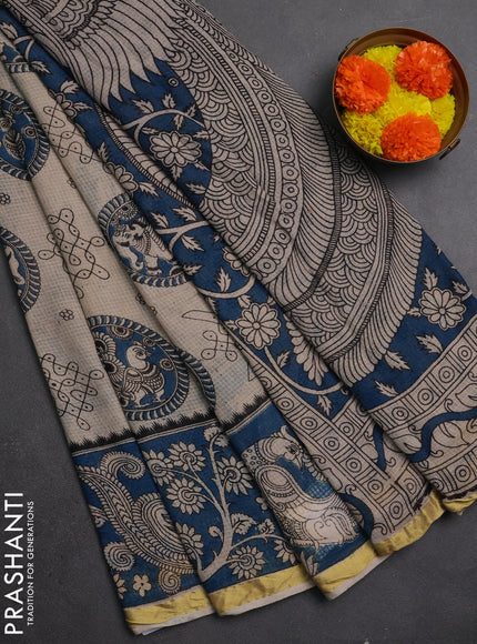Kota kalamkari cotton saree beige and blue with allover prints and piping border