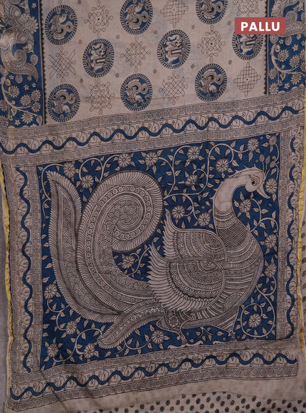 Kota kalamkari cotton saree beige and blue with allover prints and piping border