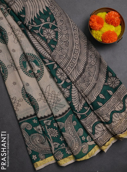 Kota kalamkari cotton saree beige and green with allover prints and piping border