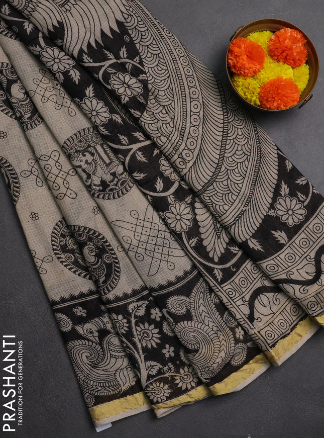 Kota kalamkari cotton saree beige and black with allover prints and piping border