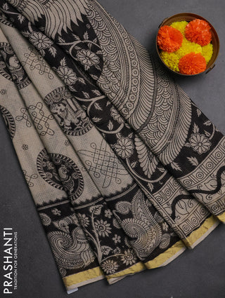 Kota kalamkari cotton saree beige and black with allover prints and piping border