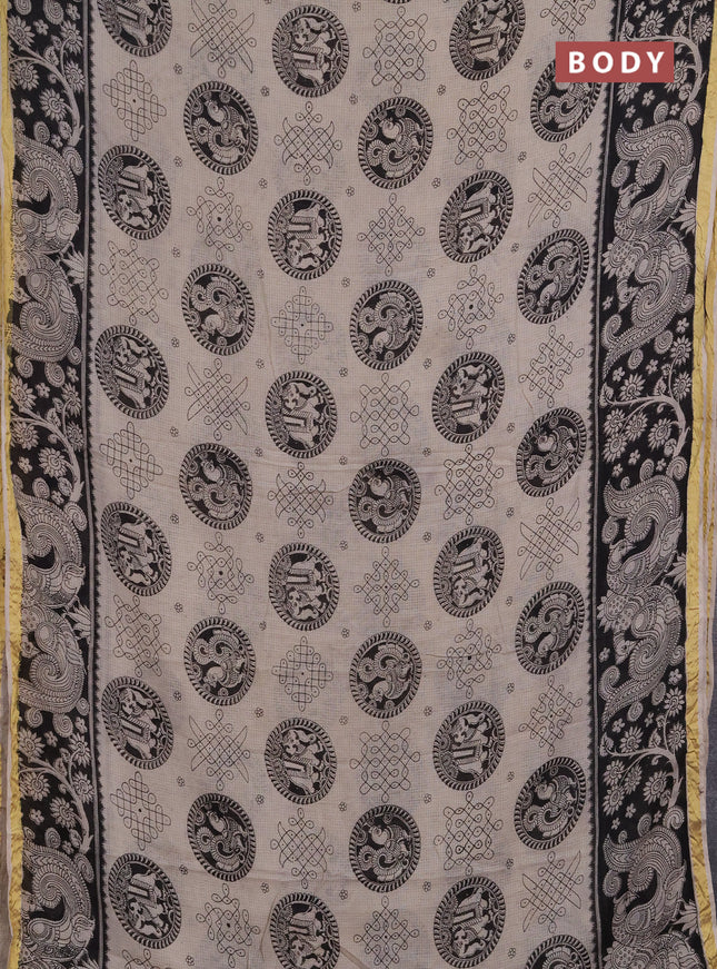 Kota kalamkari cotton saree beige and black with allover prints and piping border