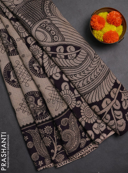 Kota kalamkari cotton saree beige and deep violet with allover prints and piping border