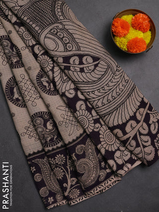 Kota kalamkari cotton saree beige and deep violet with allover prints and piping border