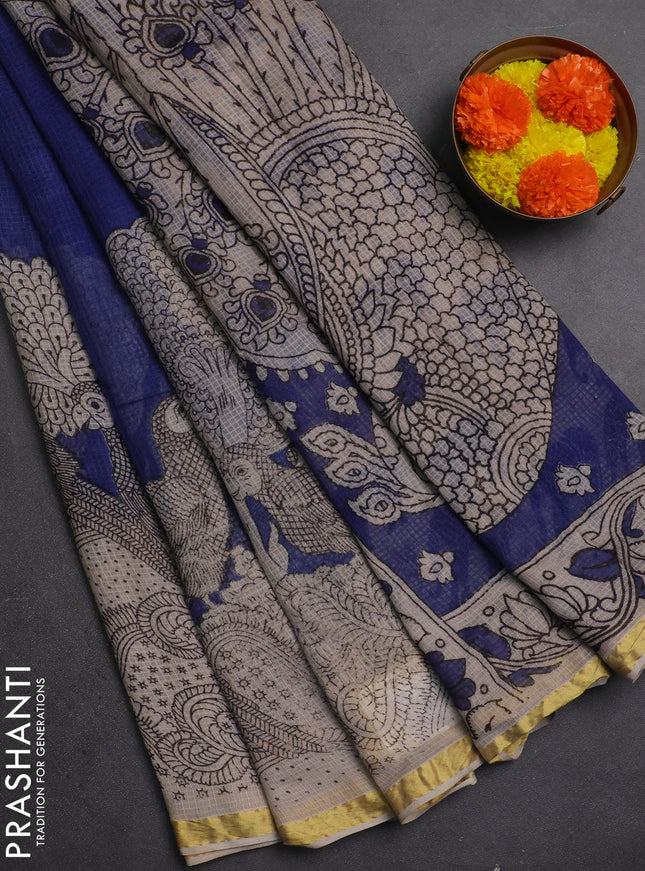 Kota kalamkari cotton saree blue and beige with allover prints and piping border