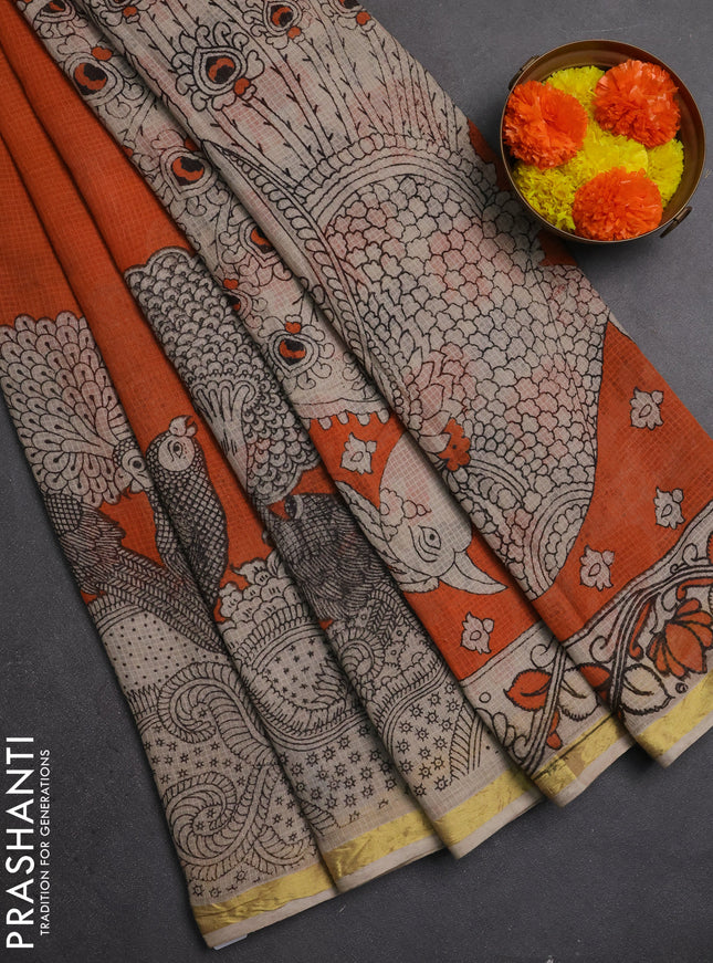 Kota kalamkari cotton saree orange and beige with allover prints and piping border