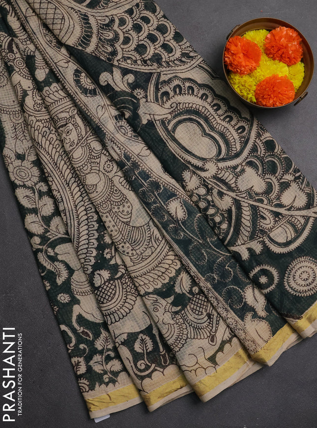 Kota kalamkari cotton saree bottle green and beige with allover prints and piping border