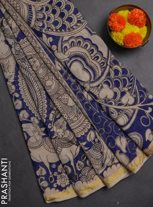 Kota kalamkari cotton saree blue and beige with allover prints and piping border