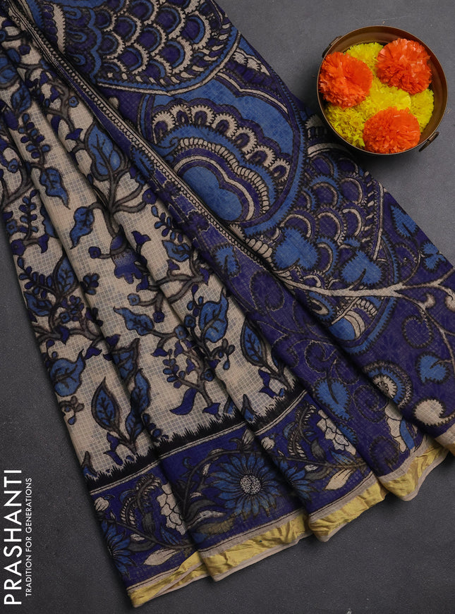 Kota kalamkari cotton saree beige and blue with allover prints and piping border