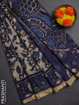 Kota kalamkari cotton saree beige and blue with allover prints and piping border