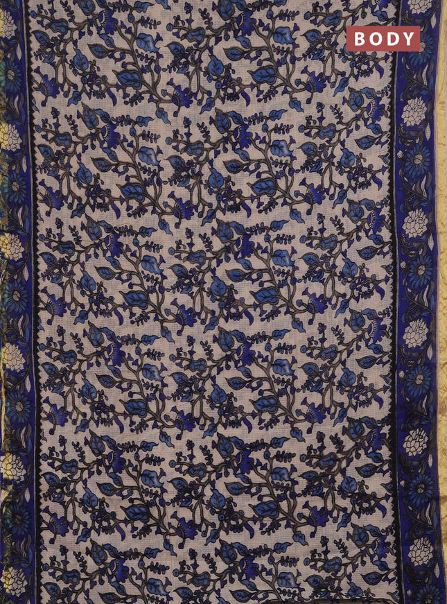 Kota kalamkari cotton saree beige and blue with allover prints and piping border