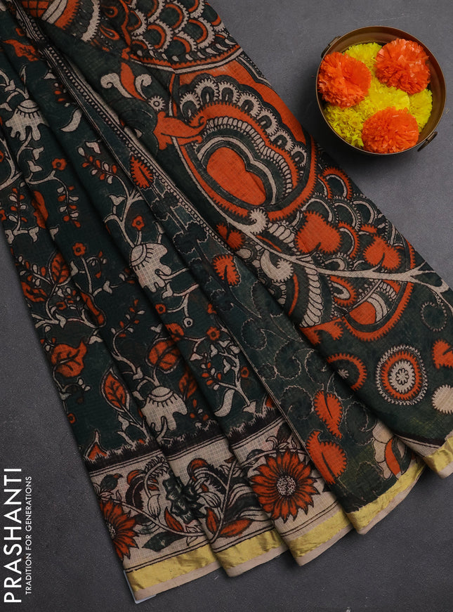 Kota kalamkari cotton saree bottle green and beige with allover prints and piping border