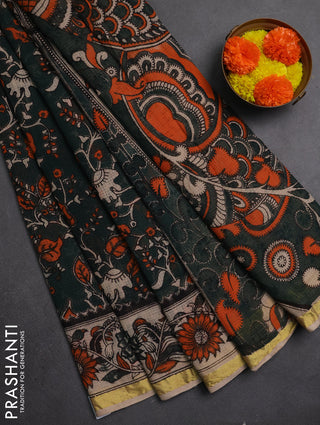 Kota kalamkari cotton saree bottle green and beige with allover prints and piping border