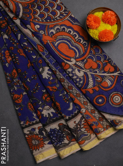 Kota kalamkari cotton saree blue and beige with allover prints and piping border