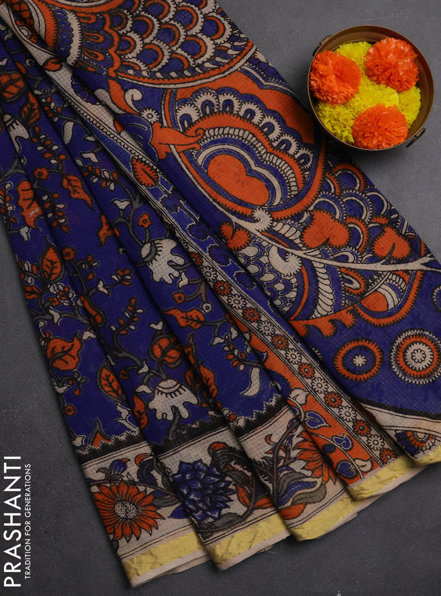 Kota kalamkari cotton saree blue and beige with allover prints and piping border