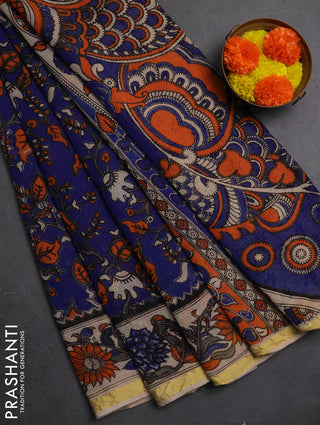 Kota kalamkari cotton saree blue and beige with allover prints and piping border