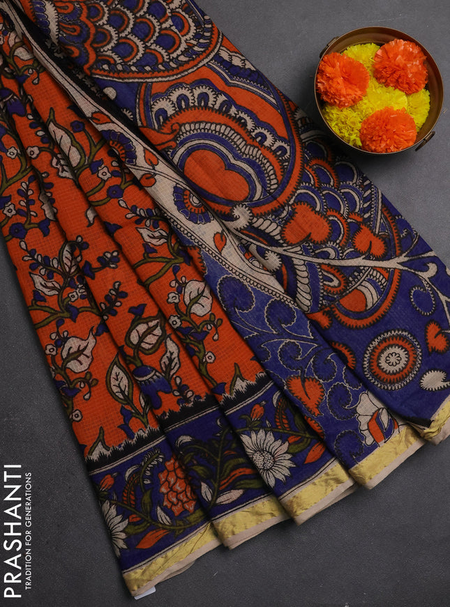 Kota kalamkari cotton saree orange and blue with allover prints and piping border